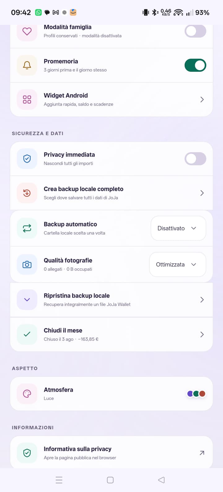 Schermata delle impostazioni di JoJa Wallet